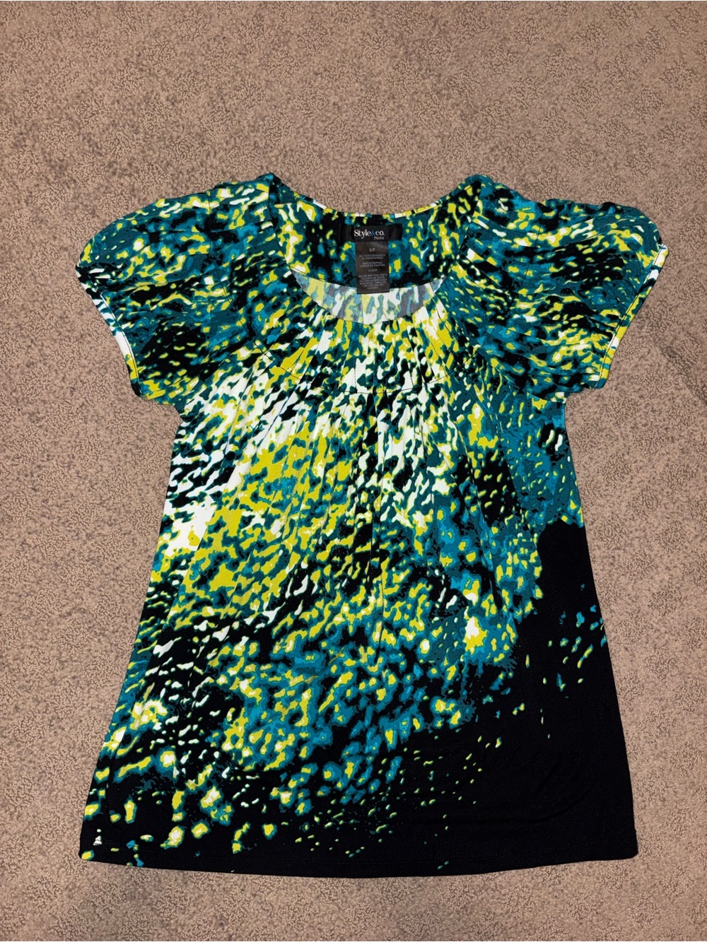 Style & Co. Petite, Teal, Green, & Black Abstract Short Sleeve Top, Size S/P